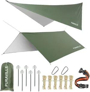 Puraville Camping Tarp Waterproof, Hammock Rain Fly Tent Tarp - 12 10 ft Rectangle Lightweight Camping Tarps, Portable Rain Fly for Camping Backpacking (Green)