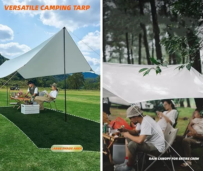Puraville Rain Fly Camping Tarp 3000mm  Ultra Waterproof Resistant Sun Shade Lightweight Hammock Tent Tarp with Multifunctional Camping Accessories (10X10 ft Grey)