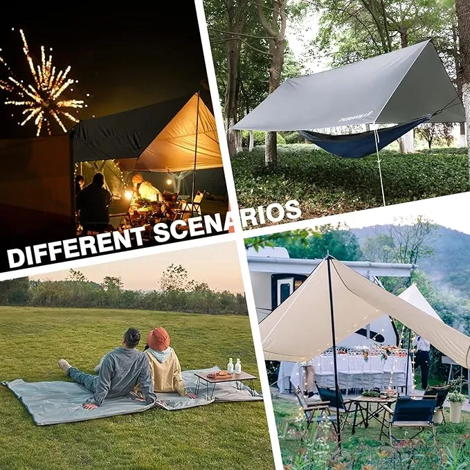 Puraville Rain Fly Camping Tarp 3000mm  Ultra Waterproof Resistant Sun Shade Lightweight Hammock Tent Tarp with Multifunctional Camping Accessories (10X10 ft Grey)
