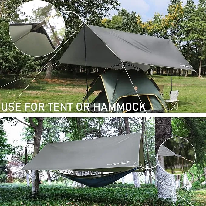 Puraville Rain Fly Camping Tarp 3000mm  Ultra Waterproof Resistant Sun Shade Lightweight Hammock Tent Tarp with Multifunctional Camping Accessories (10X10 ft Grey)