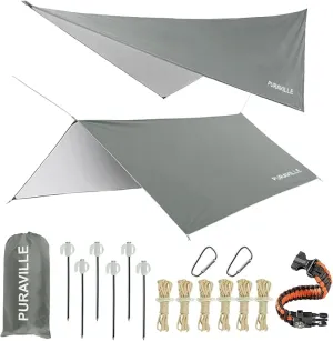 Puraville Rain Fly Camping Tarp 3000mm  Ultra Waterproof Resistant Sun Shade Lightweight Hammock Tent Tarp with Multifunctional Camping Accessories (10X10 ft Grey)