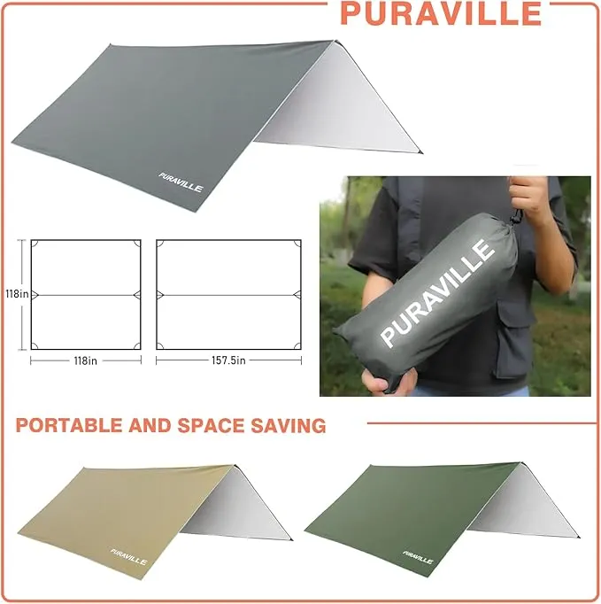Puraville Rain Fly Camping Tarp 3000mm  Ultra Waterproof Resistant Sun Shade Lightweight Hammock Tent Tarp with Multifunctional Camping Accessories (10X10 ft Grey)