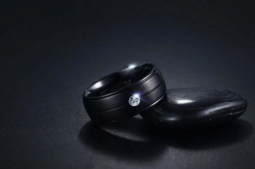 Pure Matte Black Titanium Ring with CZ Stone