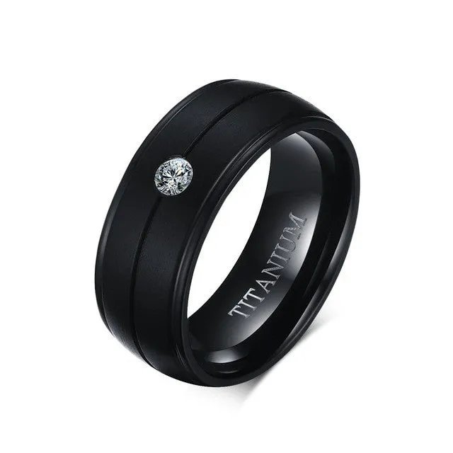 Pure Matte Black Titanium Ring with CZ Stone