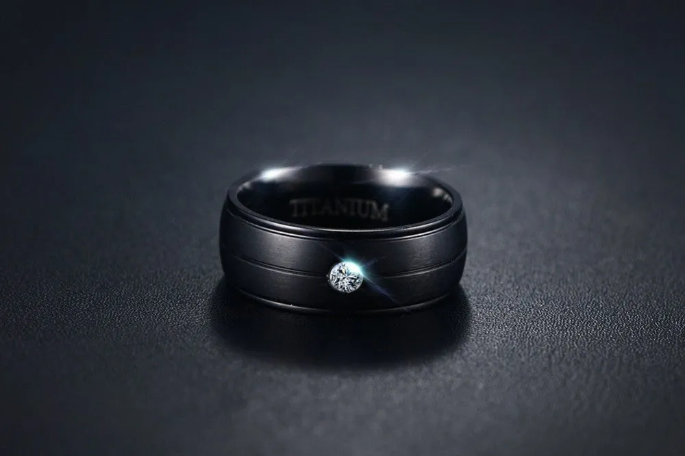 Pure Matte Black Titanium Ring with CZ Stone