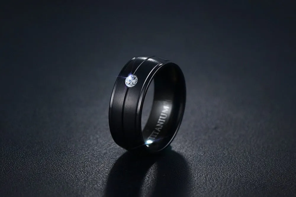Pure Matte Black Titanium Ring with CZ Stone