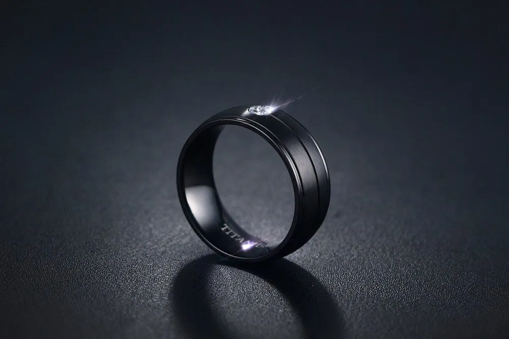Pure Matte Black Titanium Ring with CZ Stone