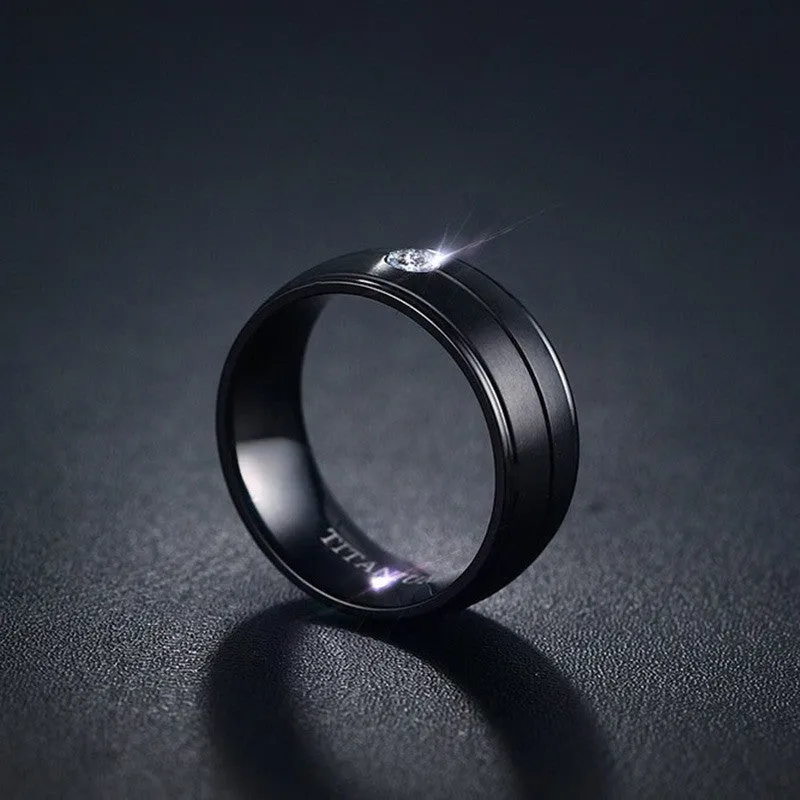 Pure Matte Black Titanium Ring with CZ Stone