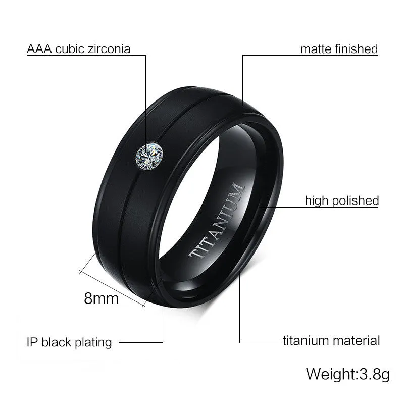 Pure Matte Black Titanium Ring with CZ Stone