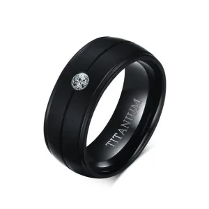 Pure Matte Black Titanium Ring with CZ Stone