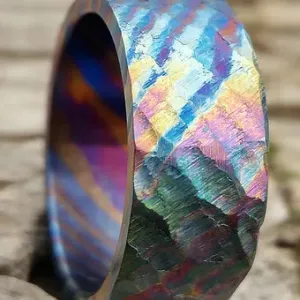 "Dragonheart" Ring Titanium Damascus Three Layer Twist Flame Anodized