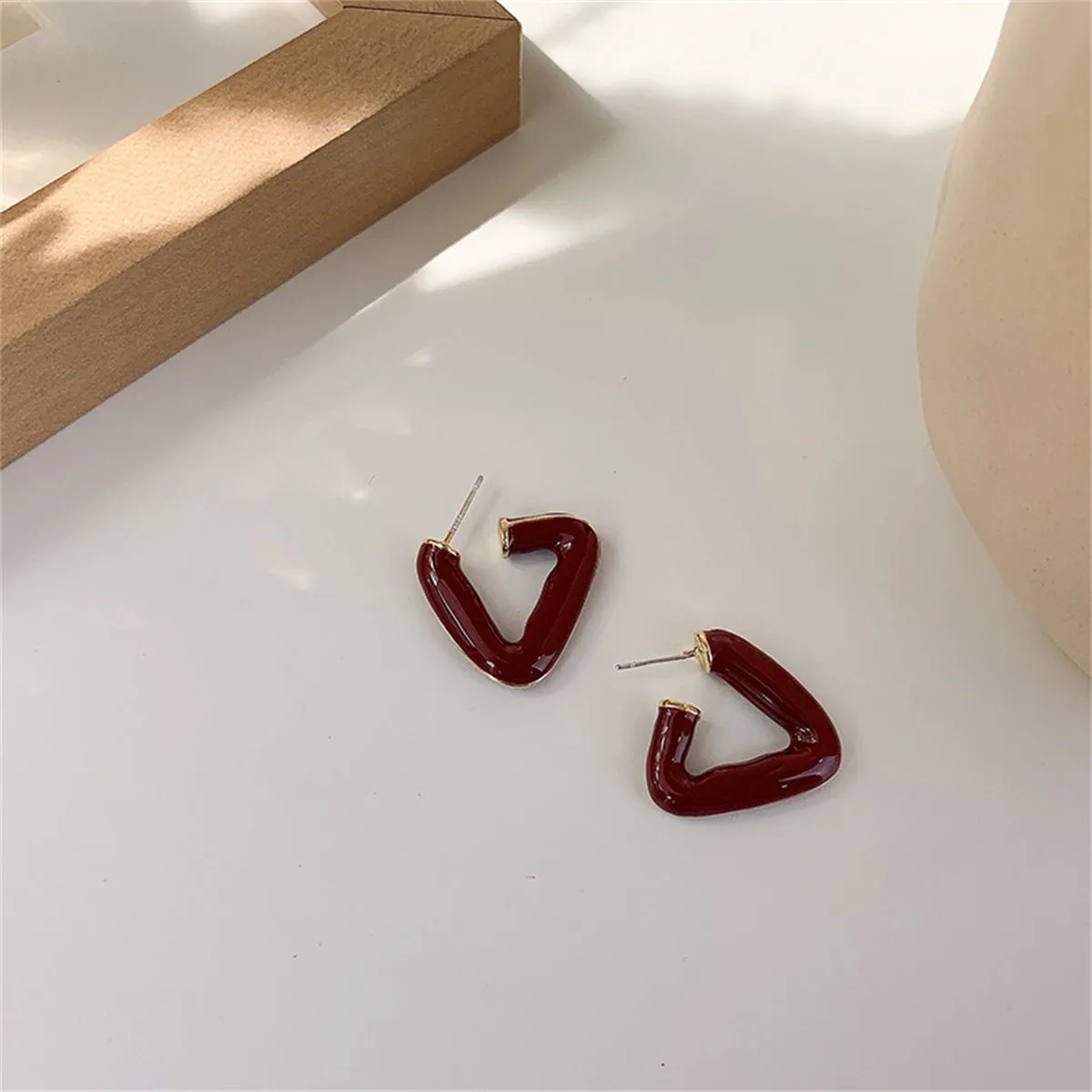 Red Enamel & 18K Gold-Plated Open Triangle Huggie Earrings