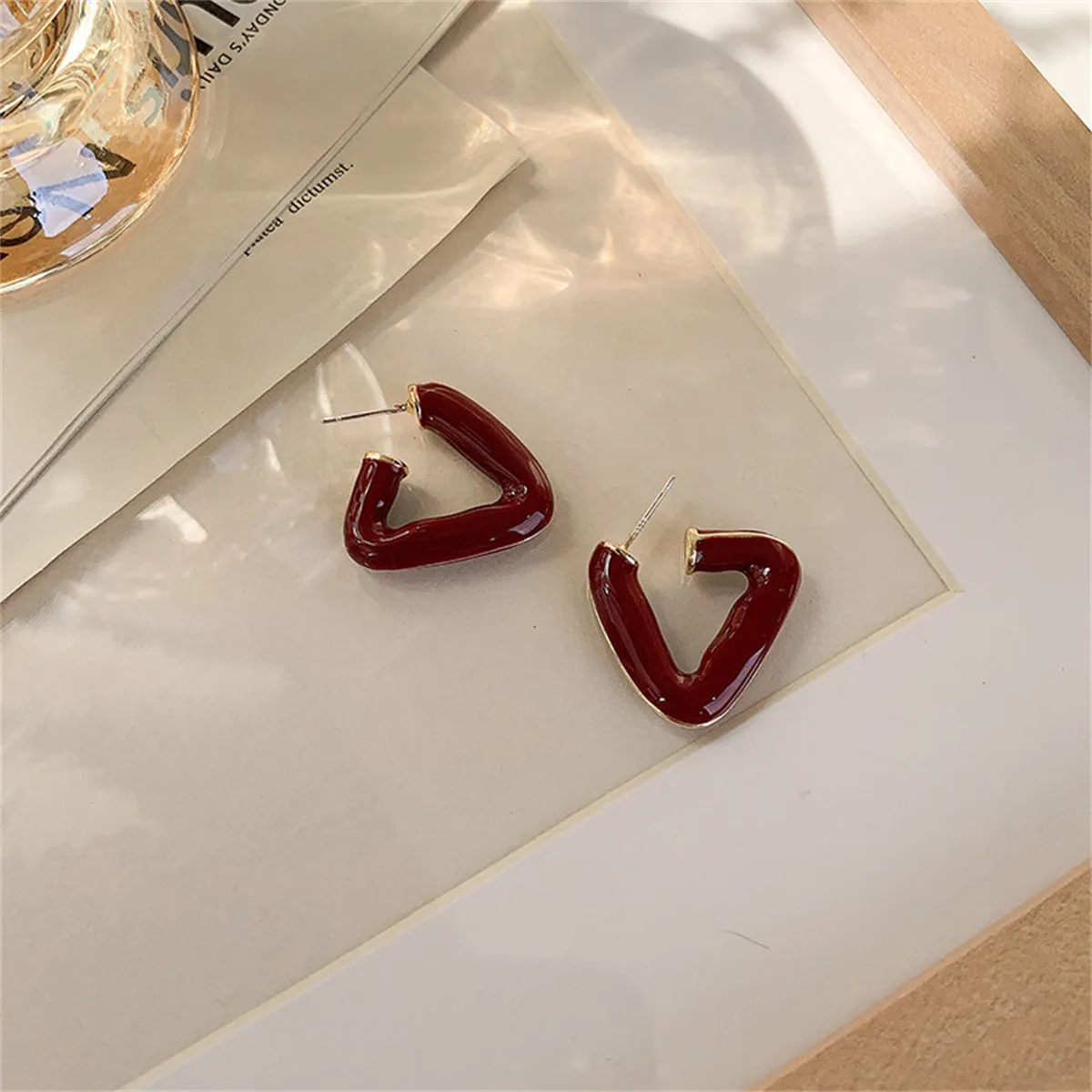 Red Enamel & 18K Gold-Plated Open Triangle Huggie Earrings