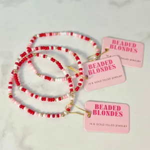 Red Pink & White Sprinkle Beaded Bracelet: Extended 7.25 inch