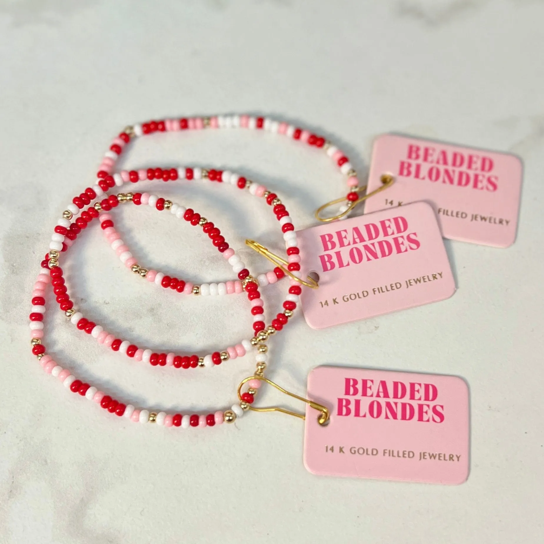 Red Pink & White Sprinkle Beaded Bracelet: Extended 7.25 inch