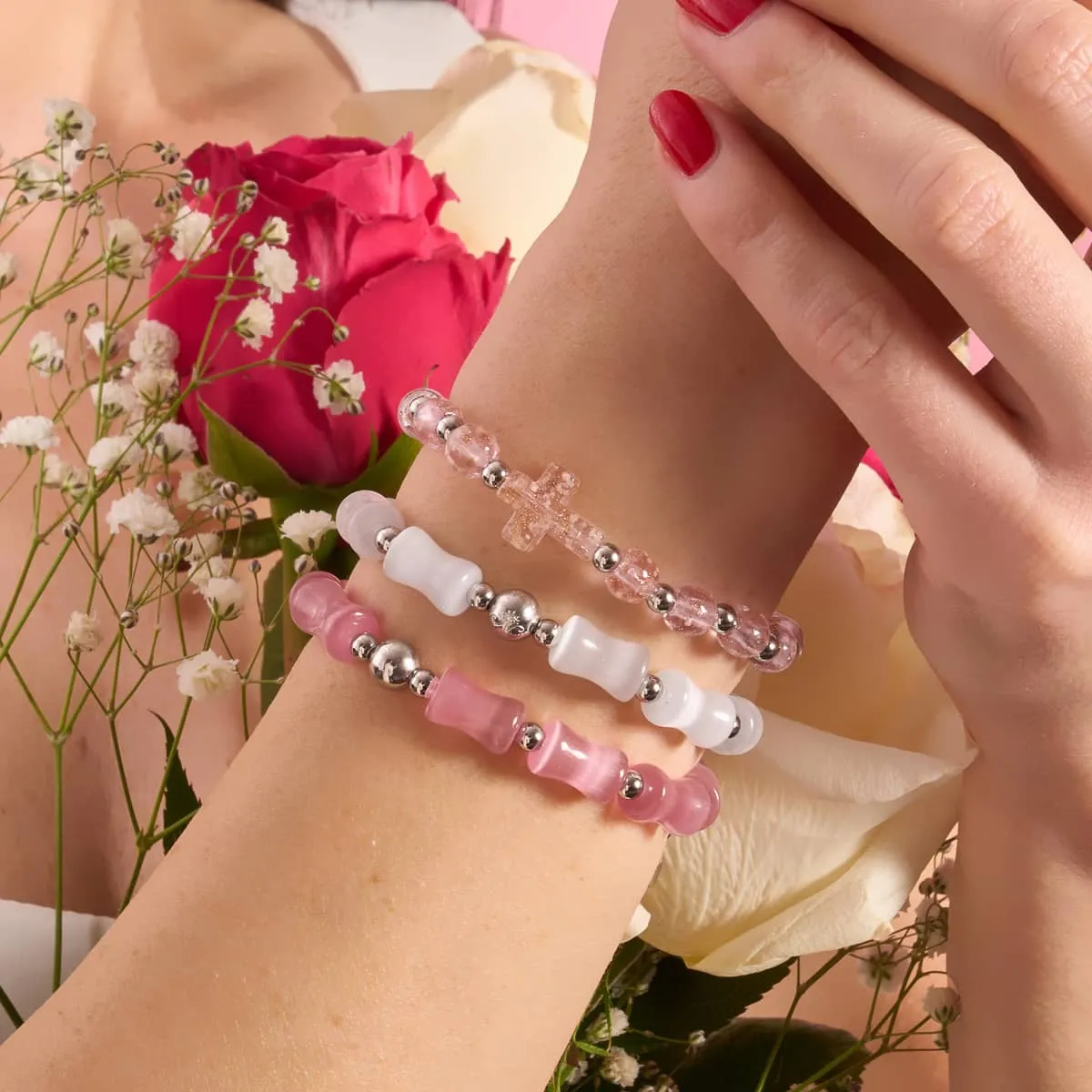 Rosewater | Silver | Firefly Glass Cross Bracelet