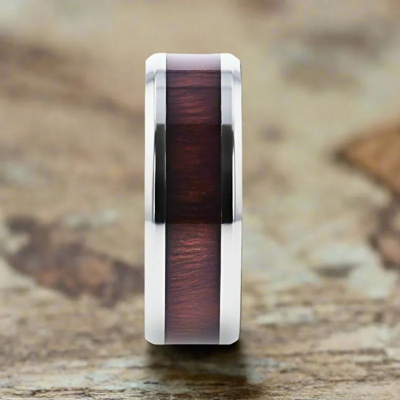 SEQUOIA | Titanium Ring, Redwood Inlay, Polished Beveled Edges