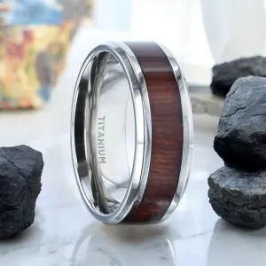 SEQUOIA | Titanium Ring, Redwood Inlay, Polished Beveled Edges