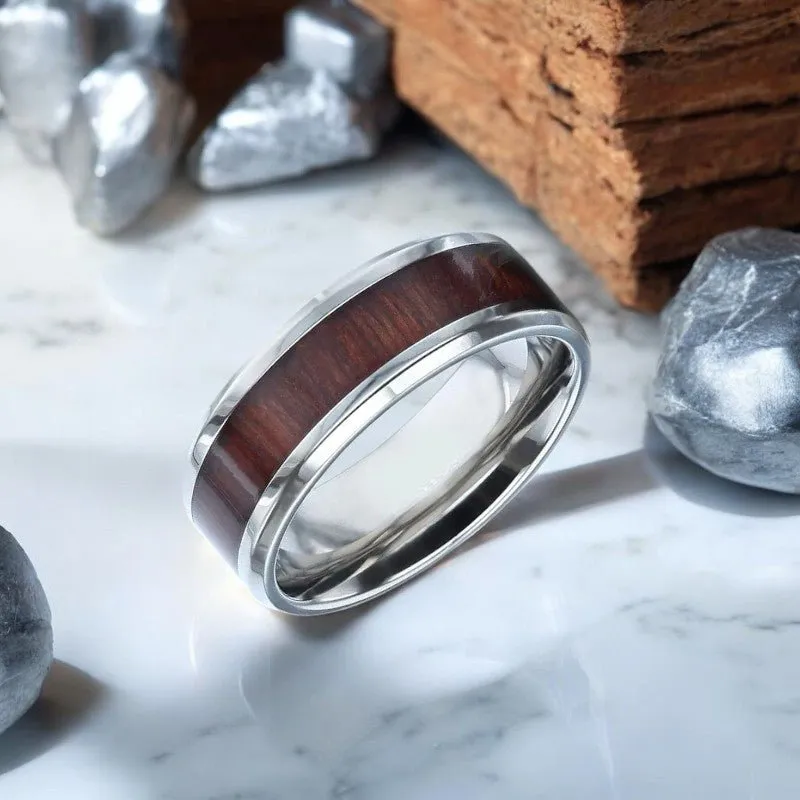SEQUOIA | Titanium Ring, Redwood Inlay, Polished Beveled Edges