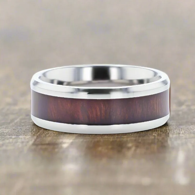 SEQUOIA | Titanium Ring, Redwood Inlay, Polished Beveled Edges