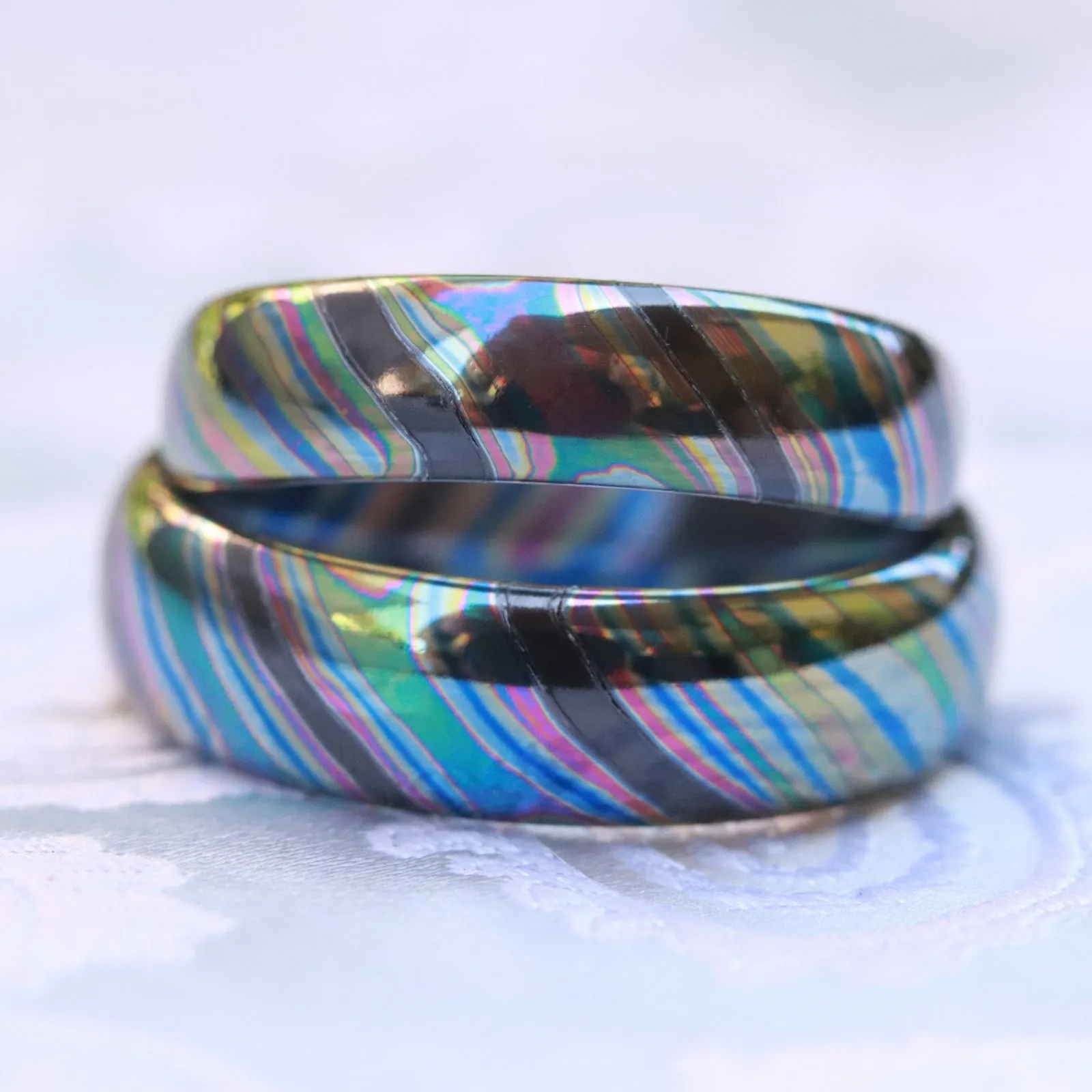 Set of x2 Florescent Timascus ring / ZrTi 4mm wide florescent timascus ring, mokuti ring (polished finish) black timascus ring zirconium ring