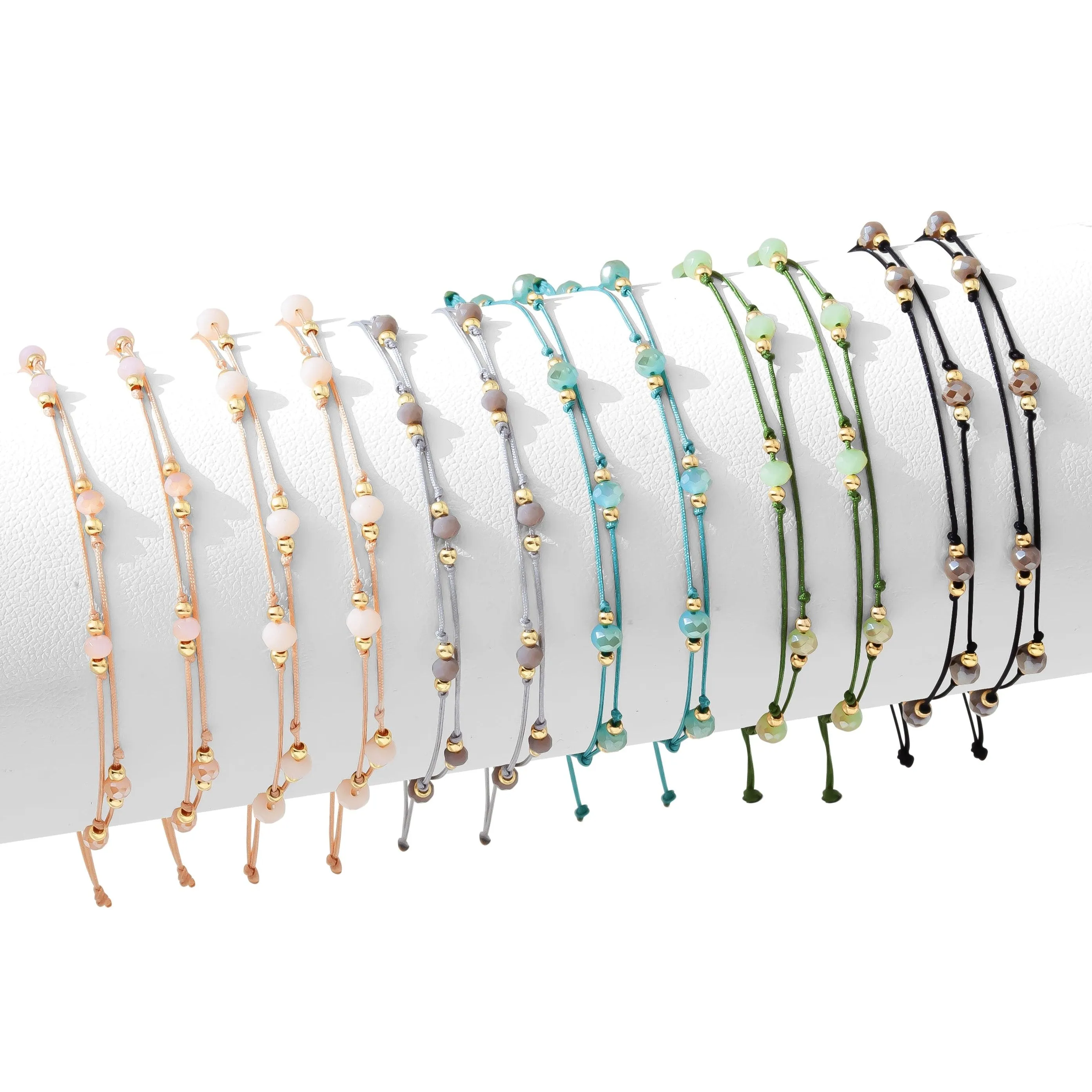 Set/12 Delicate Double Crystal String Pulley Bracelets