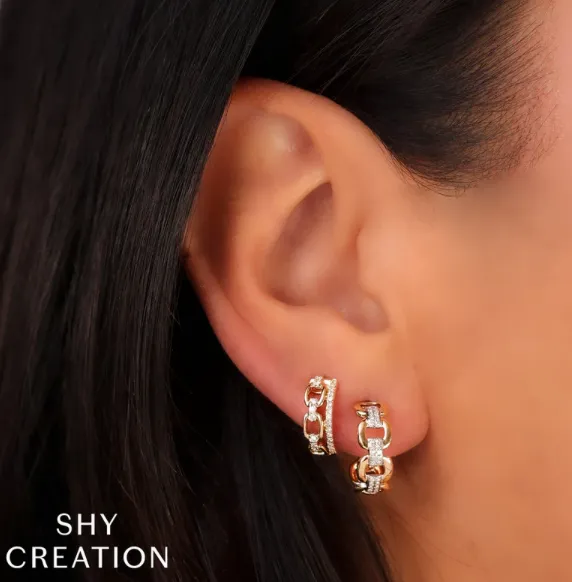 Shy Creation Link & Diamond Stud Huggie Earrings