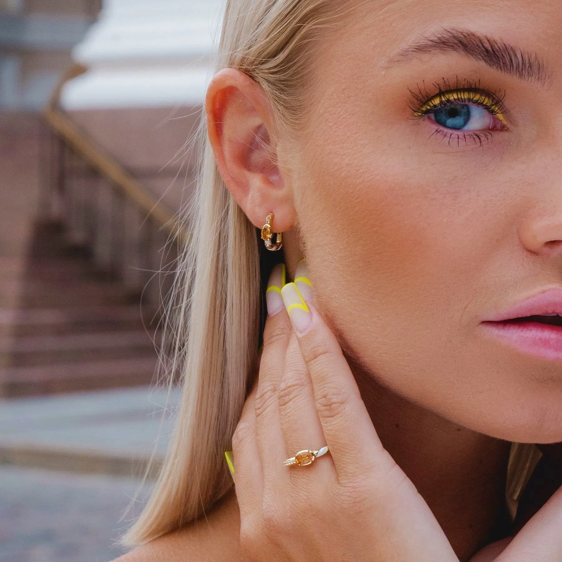 Siberian Waltz Topaz & Orange Sapphire Square Hoop Earrings in 9ct Gold