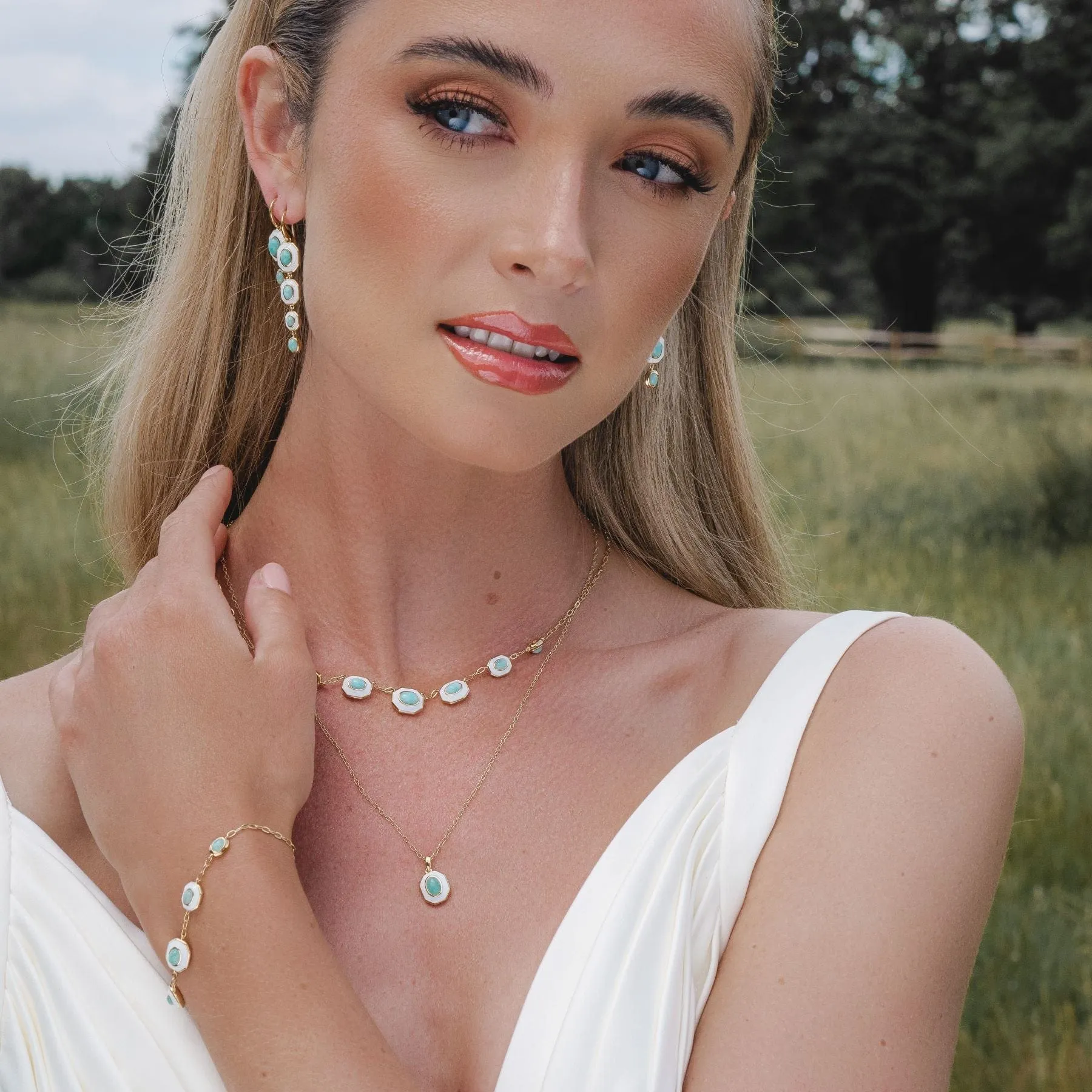 Siberian Waltz White Enamel & Amazonite Dangle Drop Earrings in Gold Plated Sterling Silver