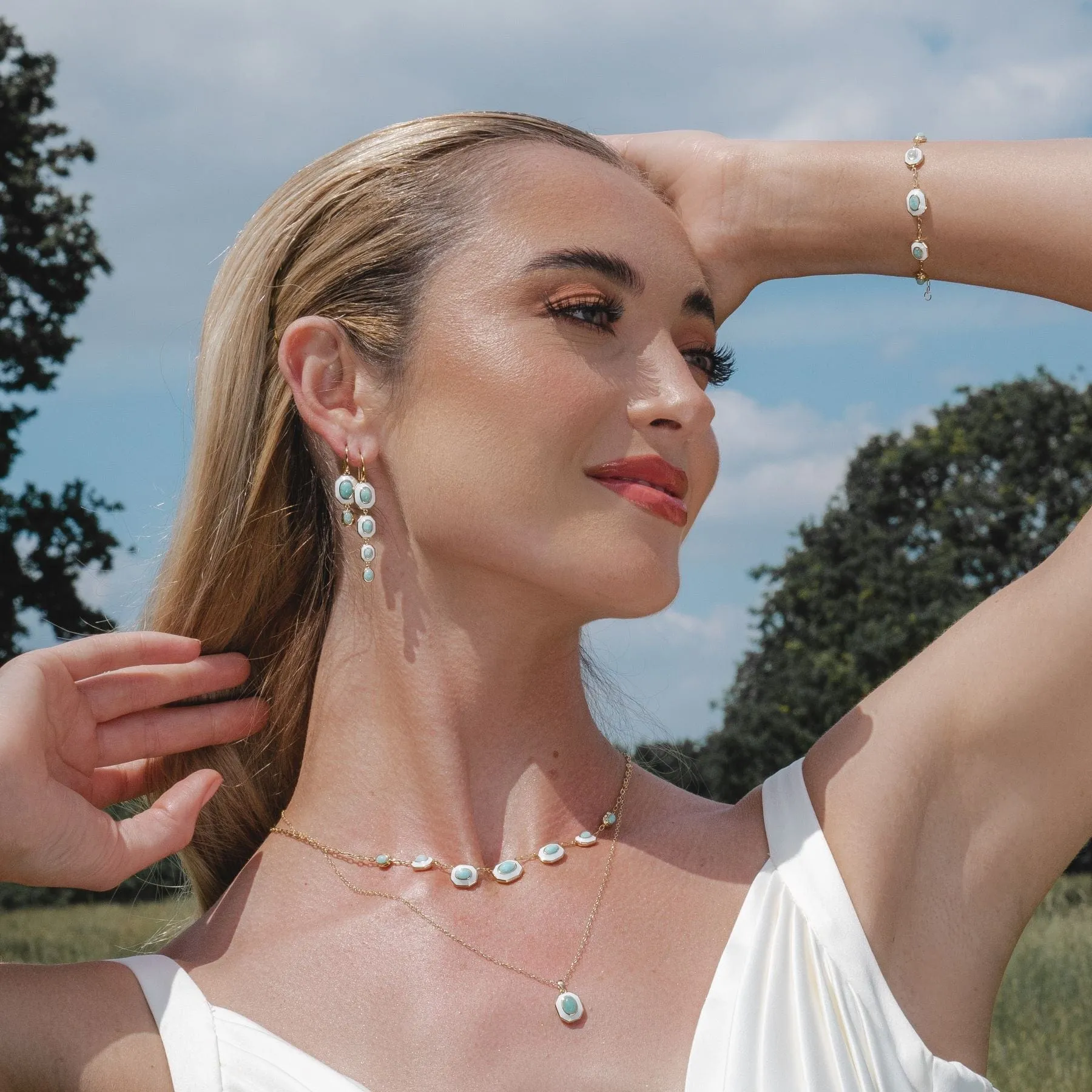 Siberian Waltz White Enamel & Amazonite Dangle Drop Earrings in Gold Plated Sterling Silver