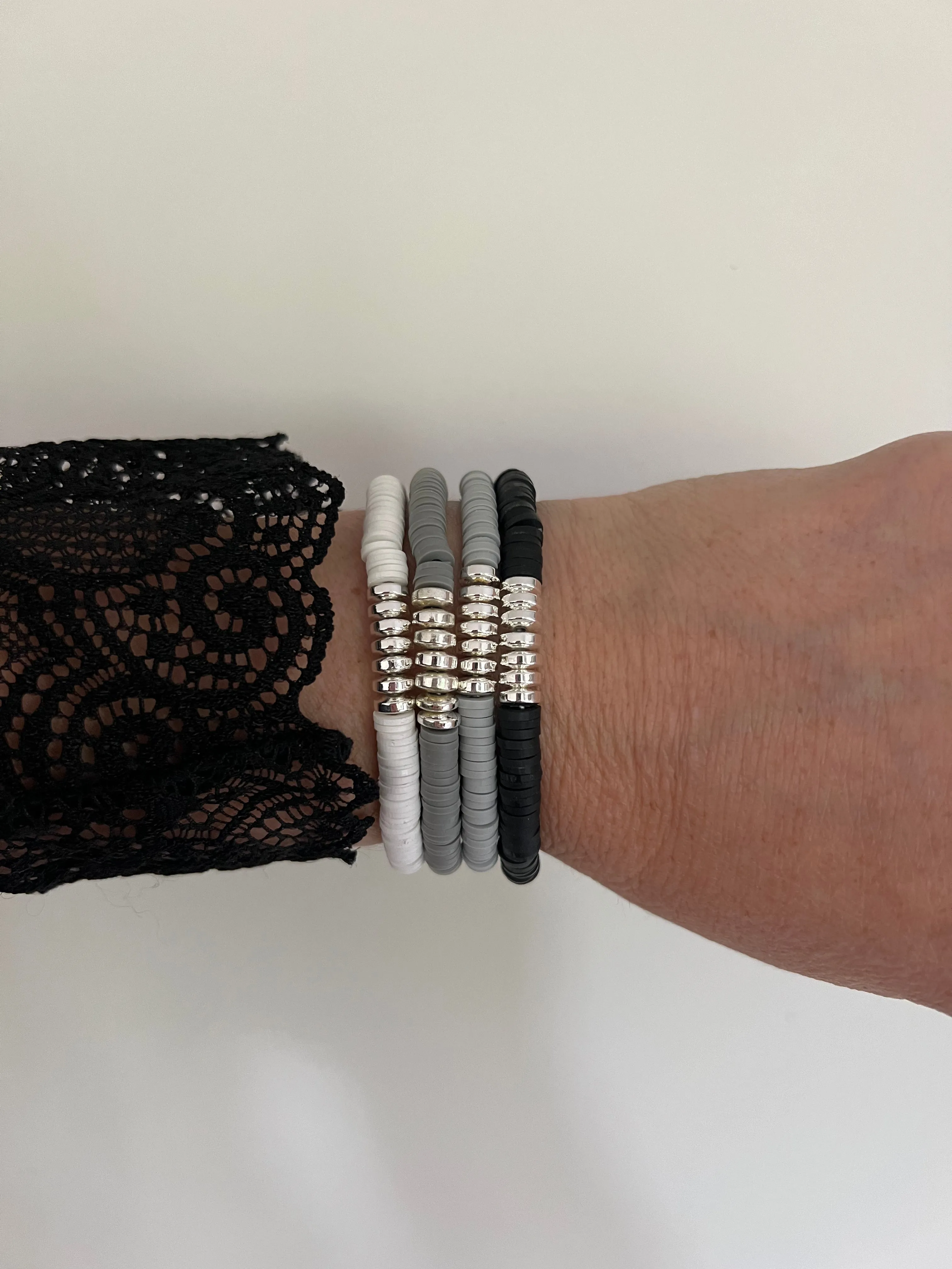 Silver Bead - Black & Greys 4 Piece Bracelet Set