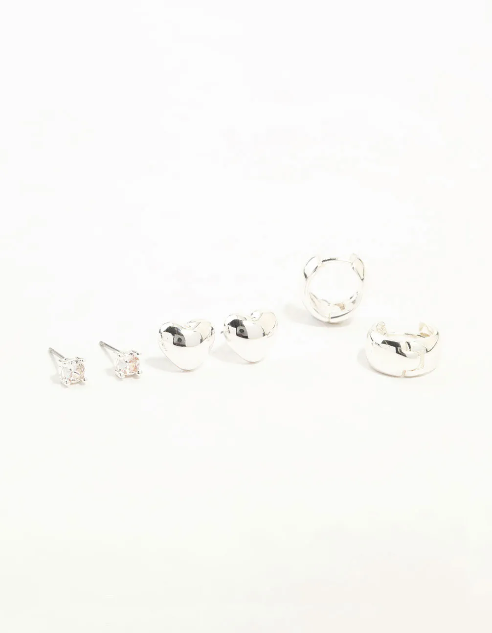 Silver Cubic Zirconia Chubby Heart Stud & Hoop Earrings 3-Pack