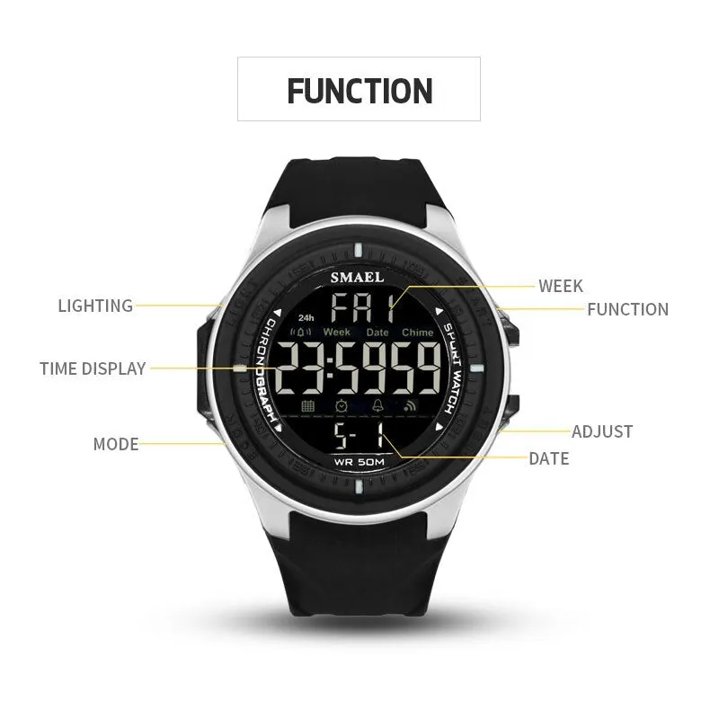 SMAEL Brand Men Sports Watches Digital LED Big Dial Chronograph Men&#39;s Fashion Casual Electronics Wristwatches Man Military Clock