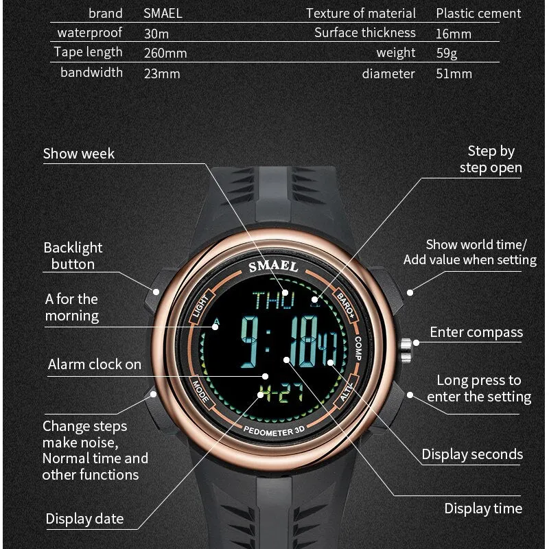 SMAEL New Fashion Watch Outdoor Sport Men Watches Waterproof Military Digital LED Wrist Watch Men Multifunction Male Clock