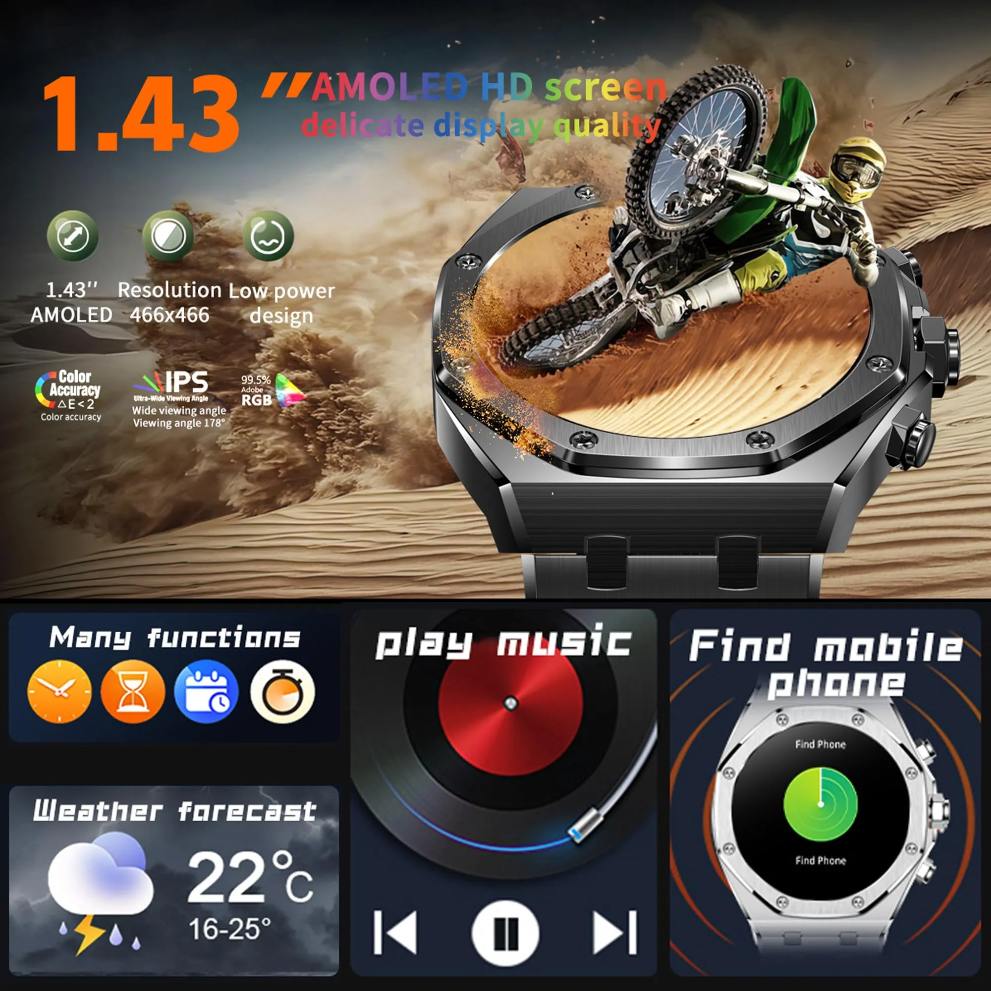 Smart Watches for Men Answer/Dial Calls Message Notification Smartwatch Compatible with iPhone and Android Phones Heart Rate Monitor Sleep Tracker Sports Modes 1.43" AMOLED Display Step Counter