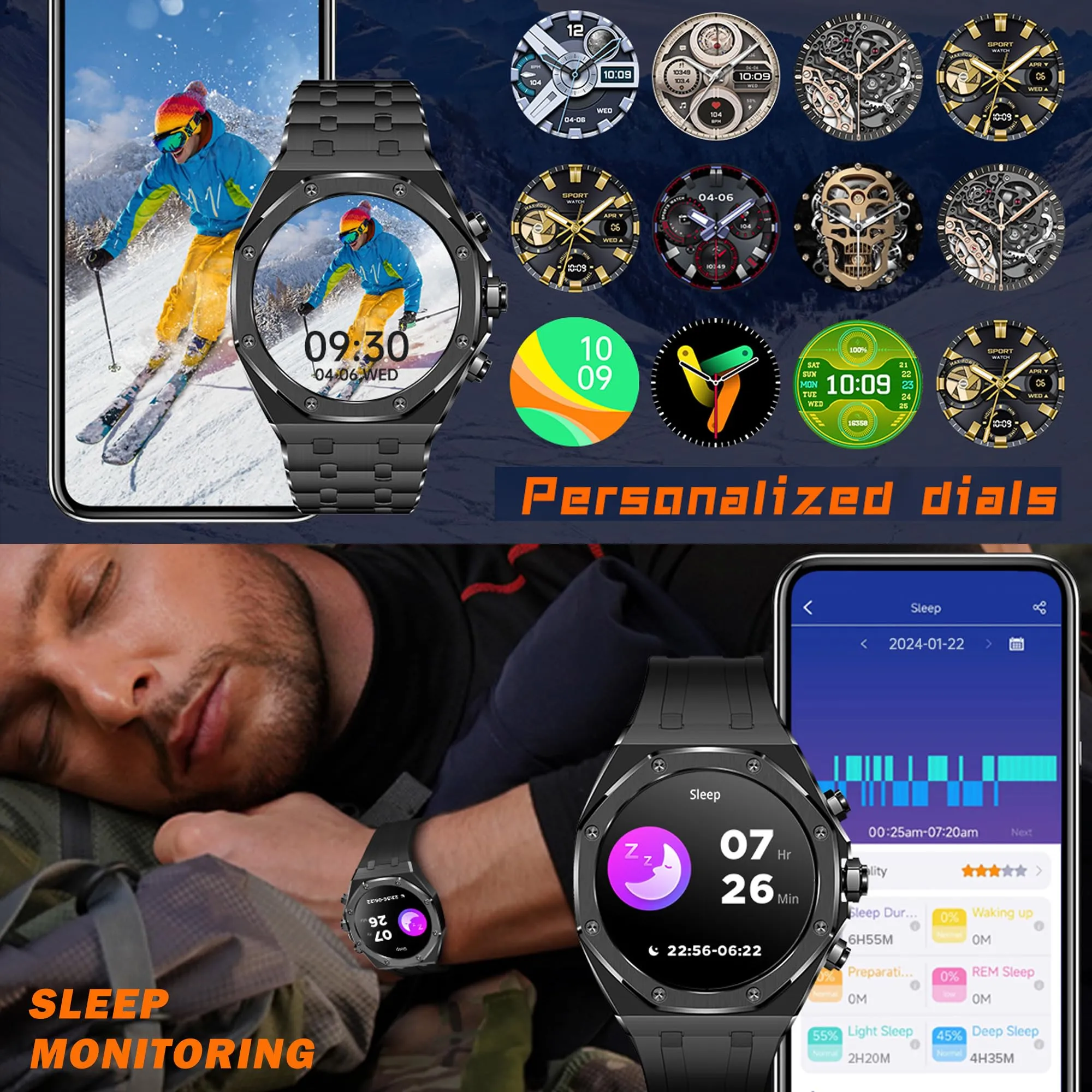 Smart Watches for Men Answer/Dial Calls Message Notification Smartwatch Compatible with iPhone and Android Phones Heart Rate Monitor Sleep Tracker Sports Modes 1.43" AMOLED Display Step Counter