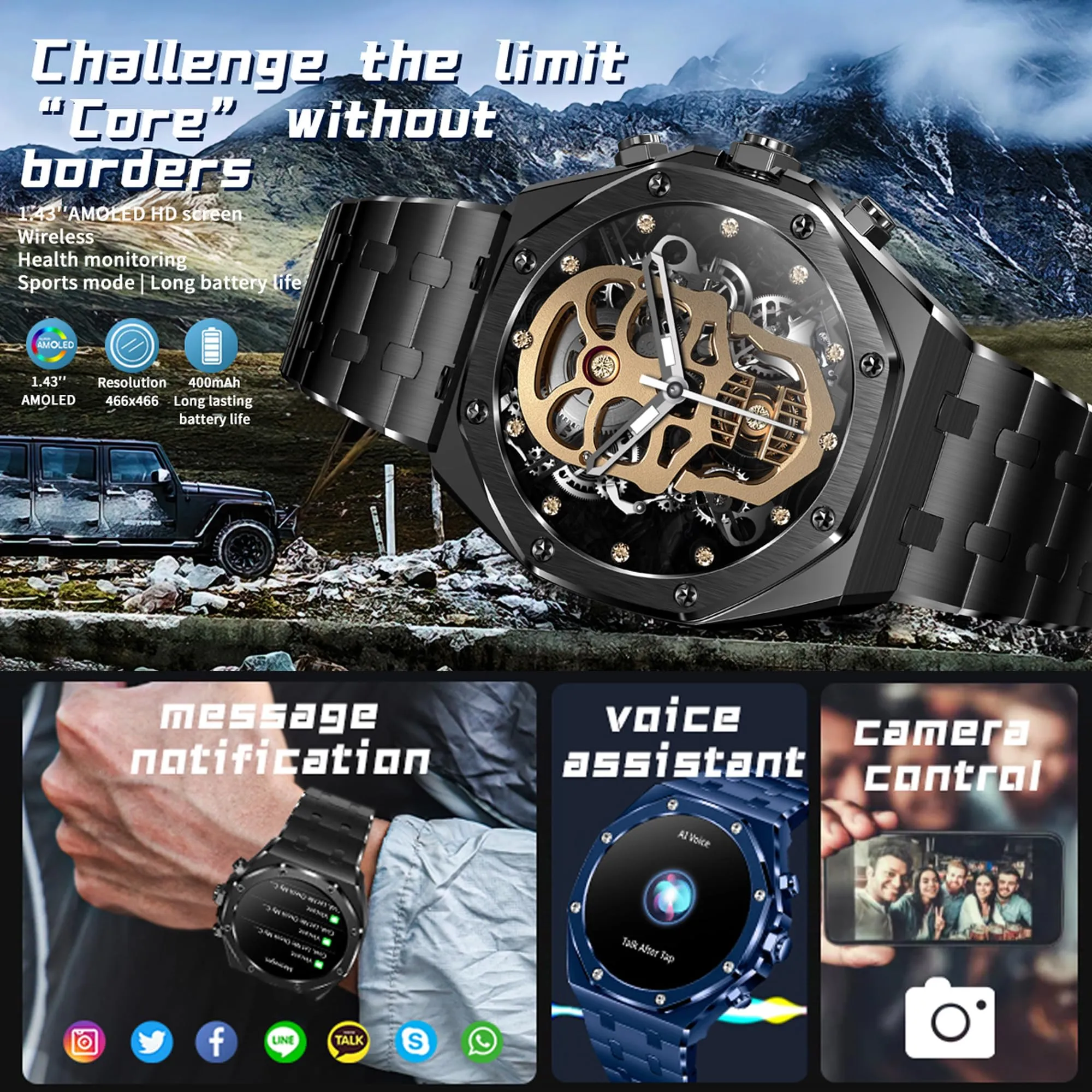 Smart Watches for Men Answer/Dial Calls Message Notification Smartwatch Compatible with iPhone and Android Phones Heart Rate Monitor Sleep Tracker Sports Modes 1.43" AMOLED Display Step Counter