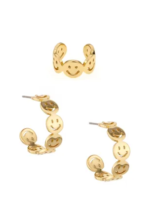 Smiley Ear Cuff and Hoop 18k Gold Plated Earring Set