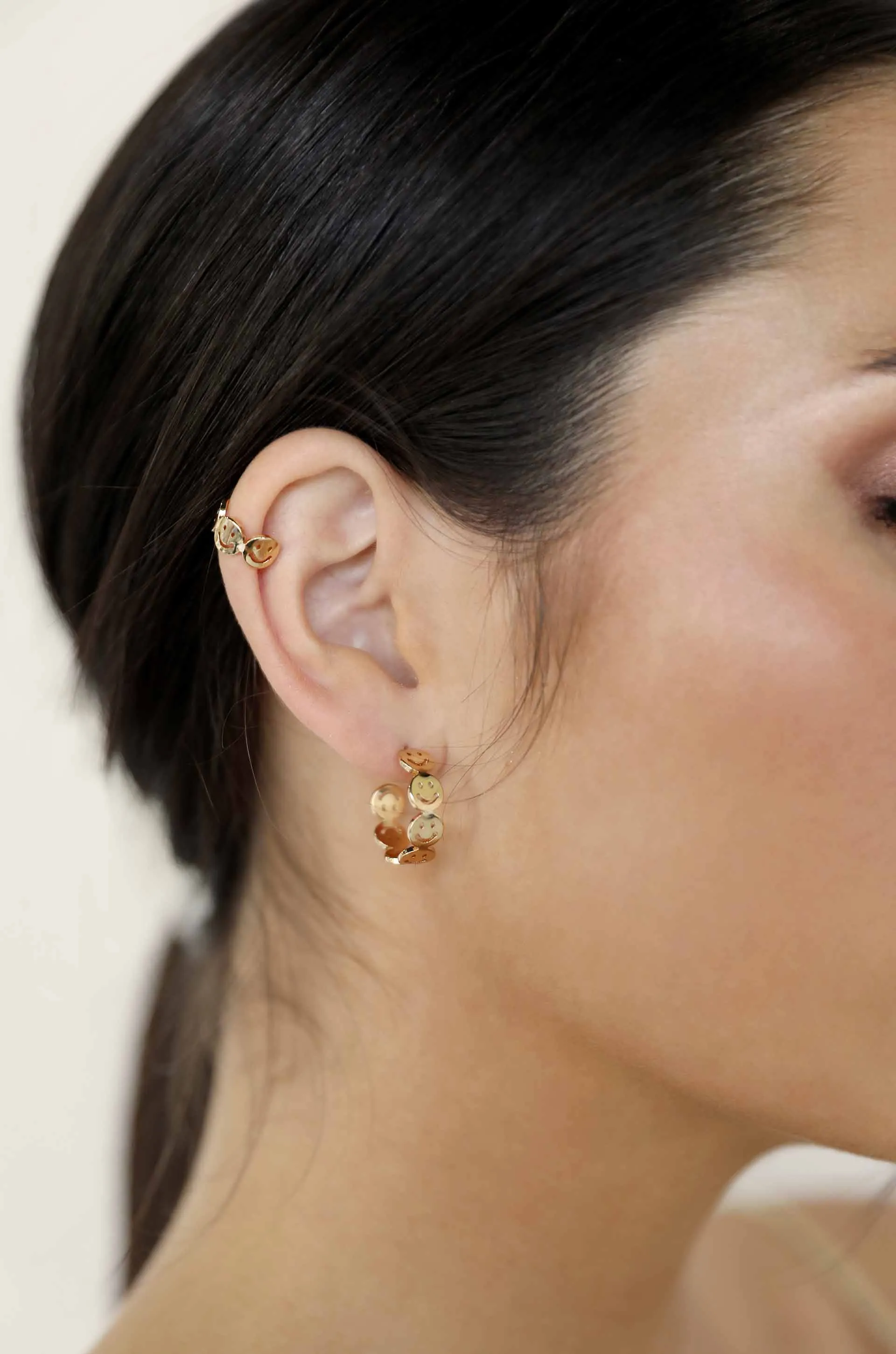 Smiley Ear Cuff and Hoop 18k Gold Plated Earring Set
