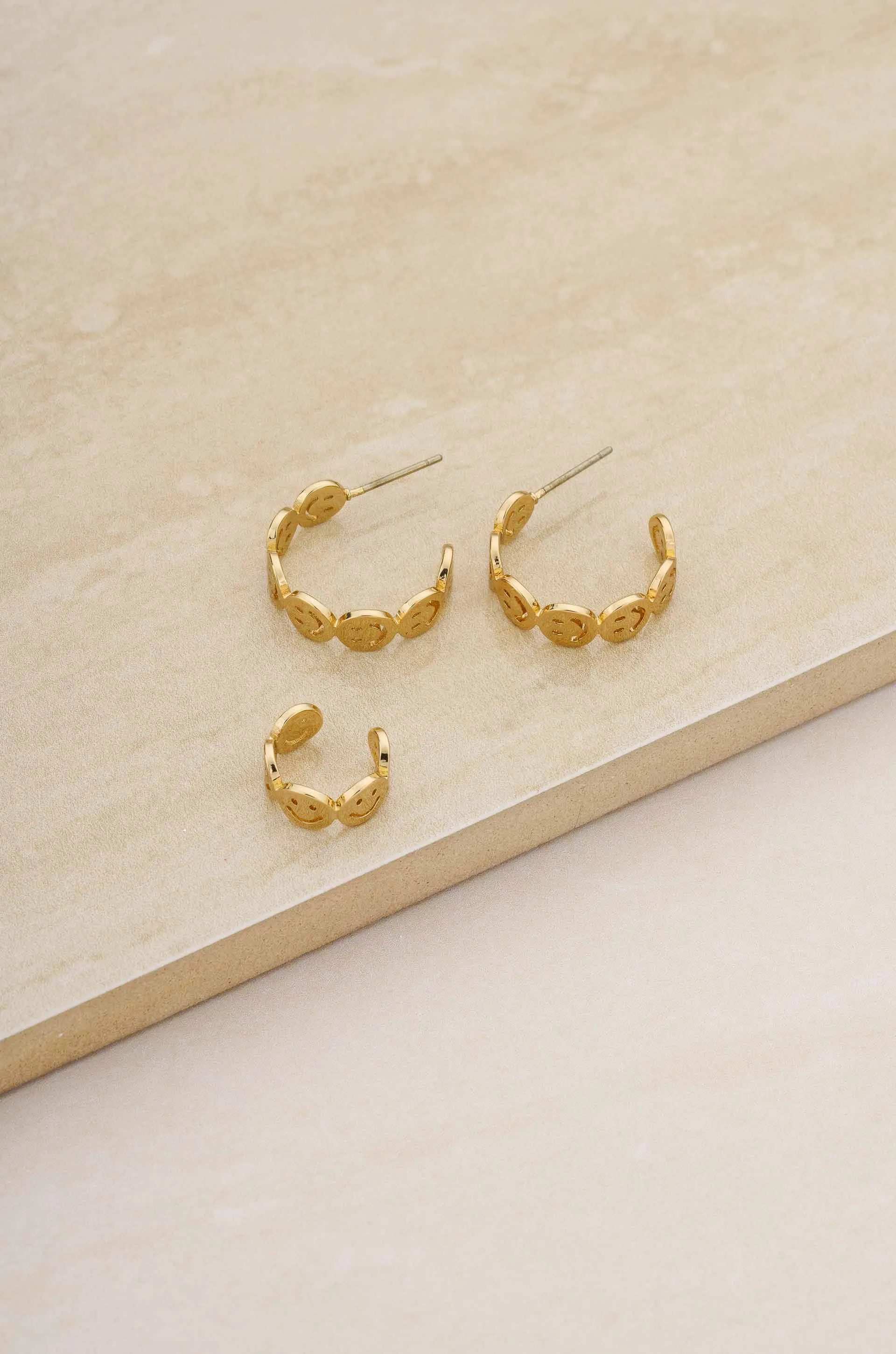 Smiley Ear Cuff and Hoop 18k Gold Plated Earring Set