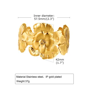 Stainless Steel Flower Floral Cuff Bangle Bracelet, Chunky Gold Plated Wide Open Bangle