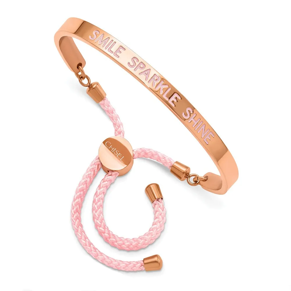 Stainless Steel Polished Rose IP Pink Enamel & Nylon SMILE. Adj Bangle