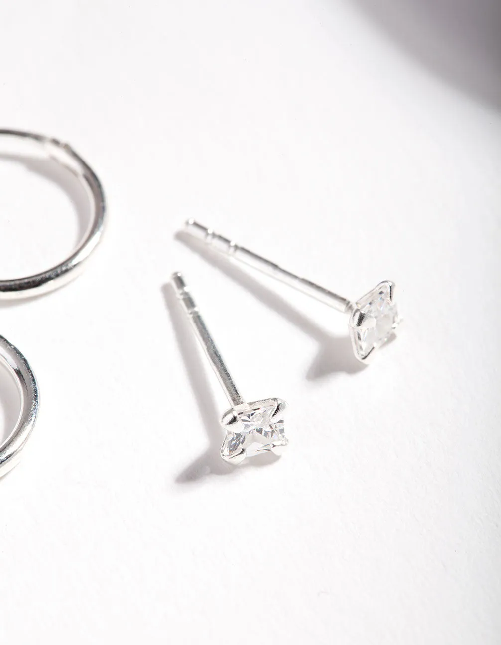 Sterling Silver Cubic Zirconia Princess Stud Hoop Earring Pack