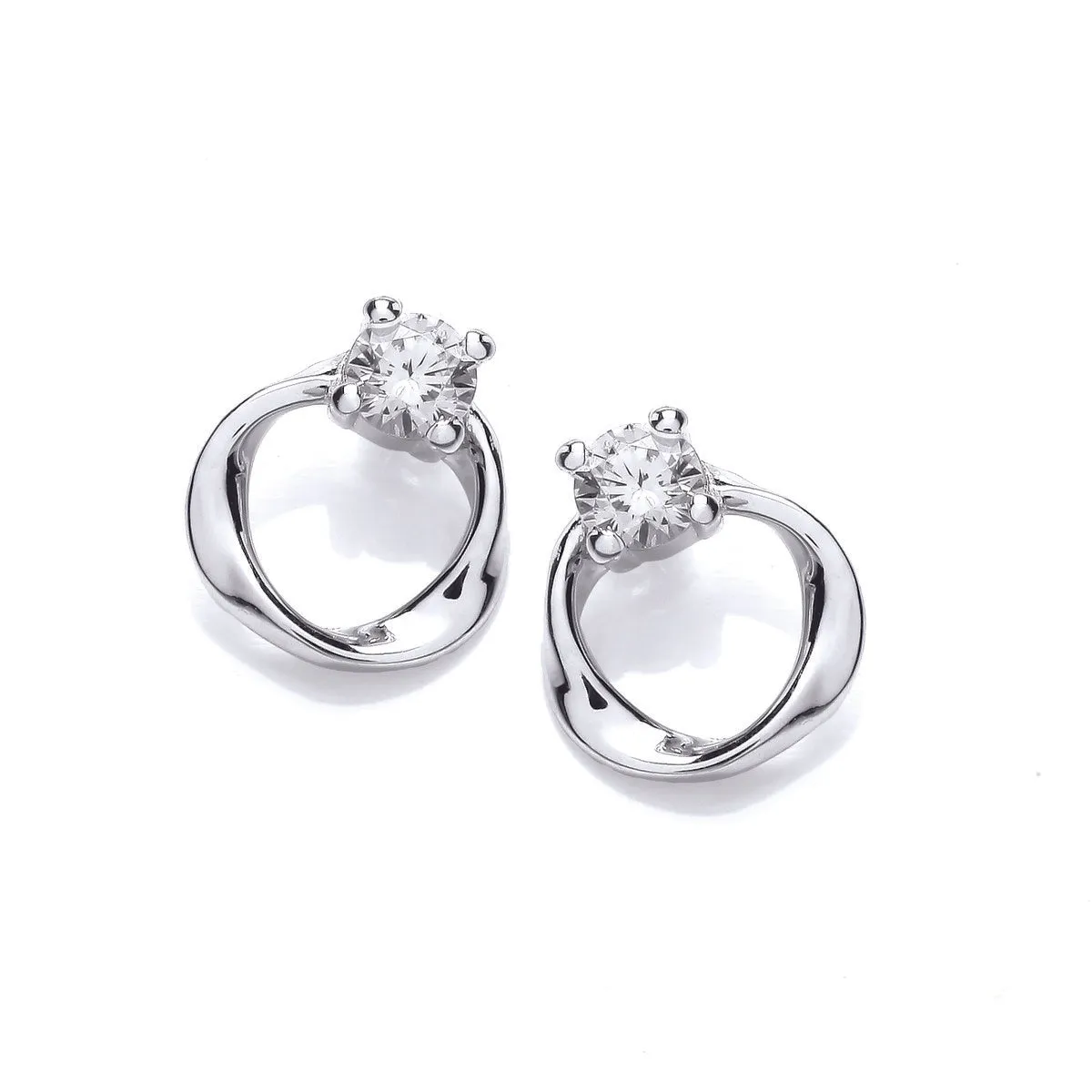 Sterling Silver Curve & Cubic Zirconia Solitaire Stud Circle Earrings