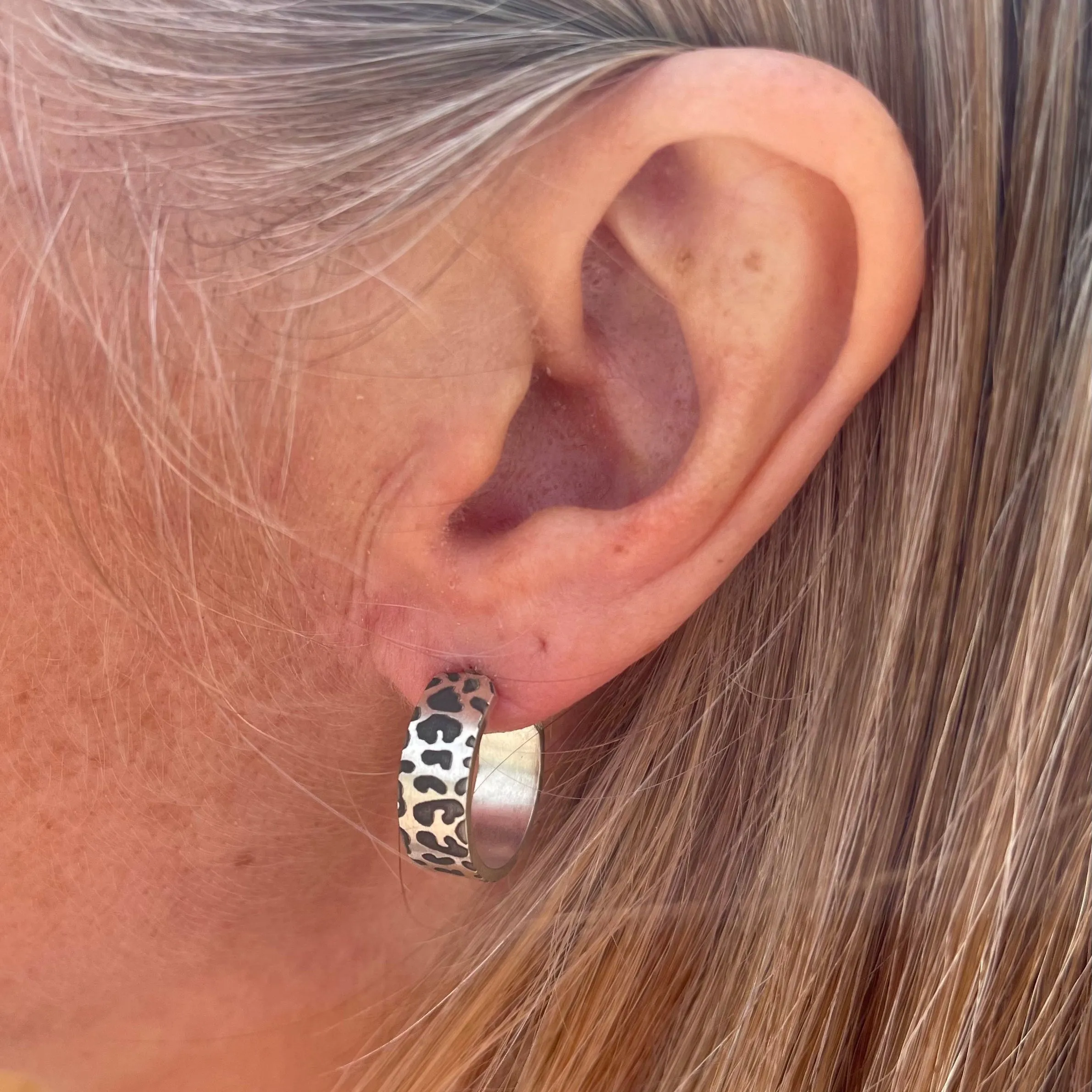Sterling Silver Textured Hoops - Leopard Print