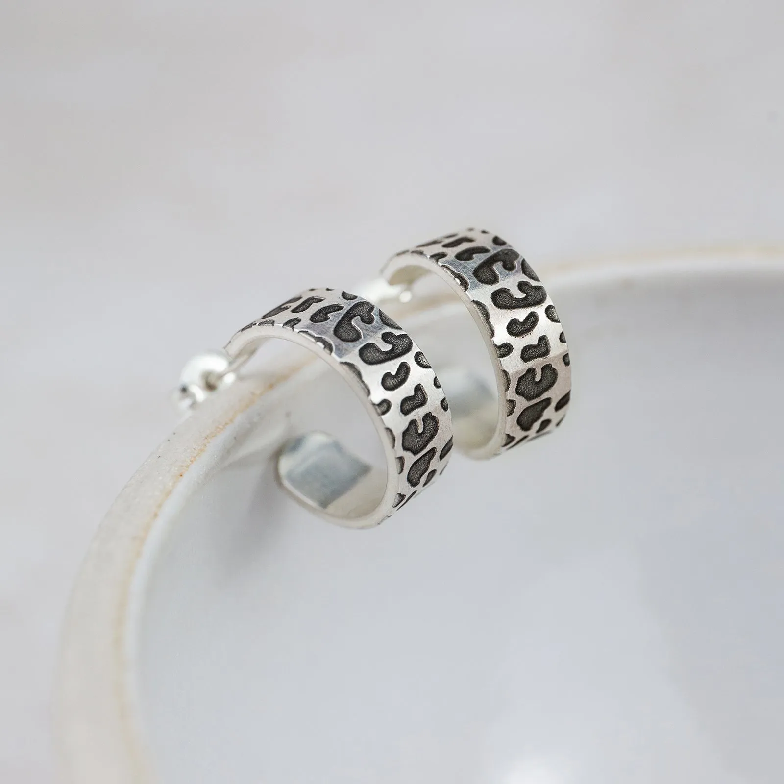 Sterling Silver Textured Hoops - Leopard Print