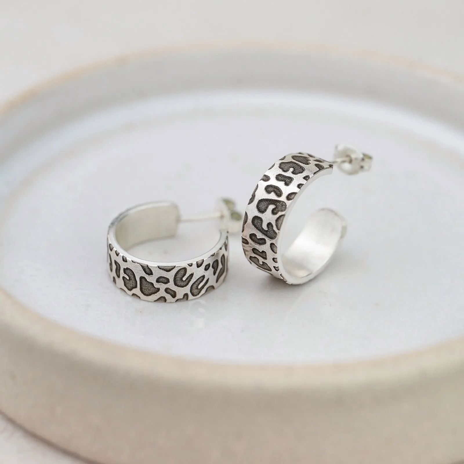 Sterling Silver Textured Hoops - Leopard Print