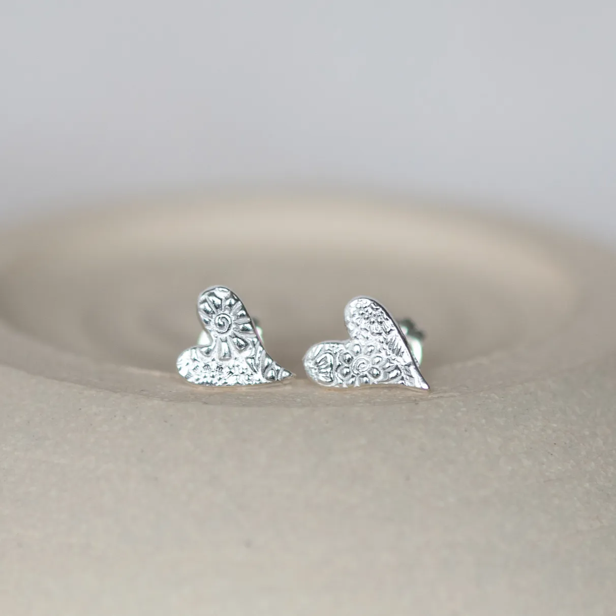 Sterling Silver Textured Studs - Tilted Heart