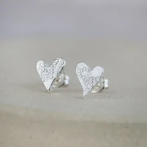 Sterling Silver Textured Studs - Tilted Heart