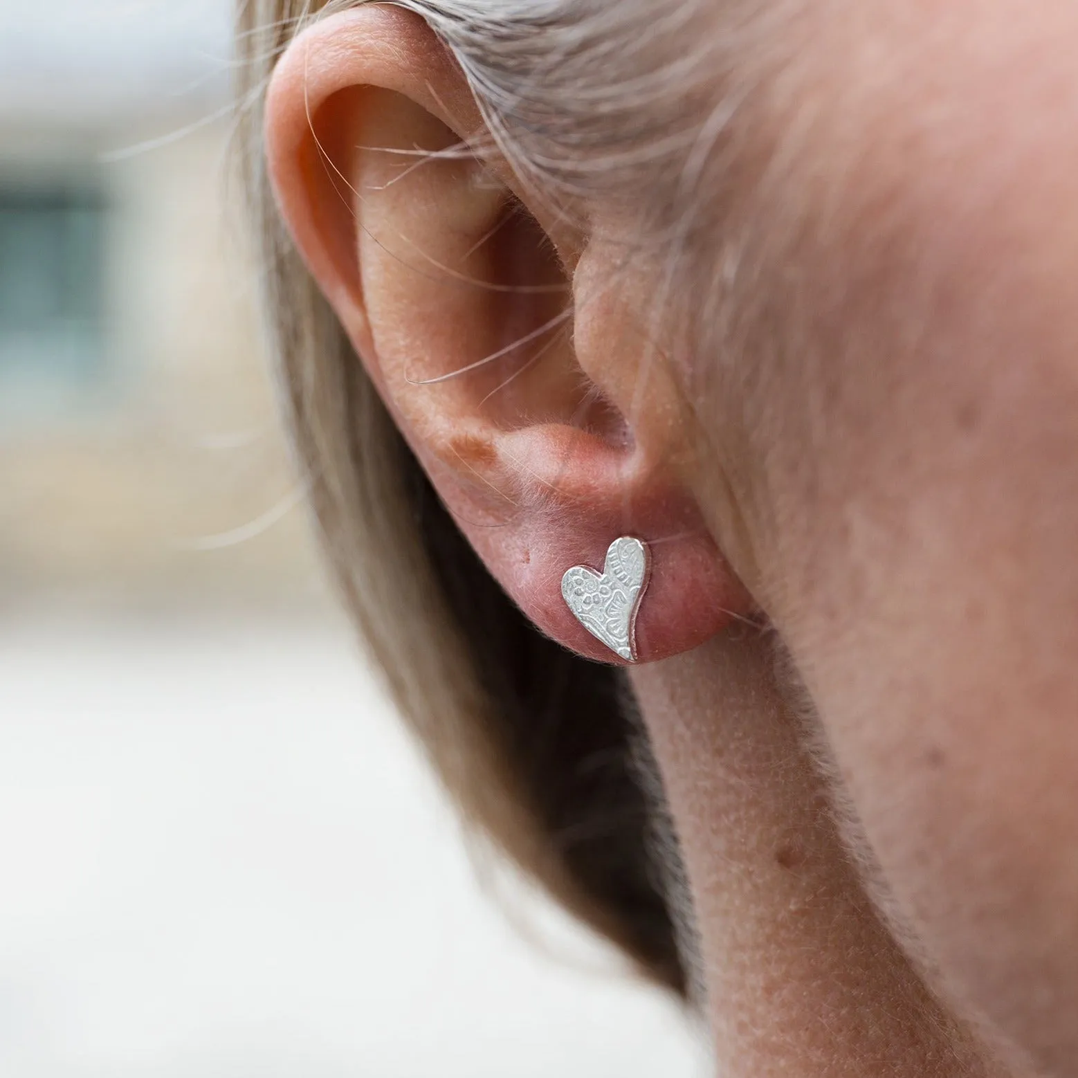 Sterling Silver Textured Studs - Tilted Heart